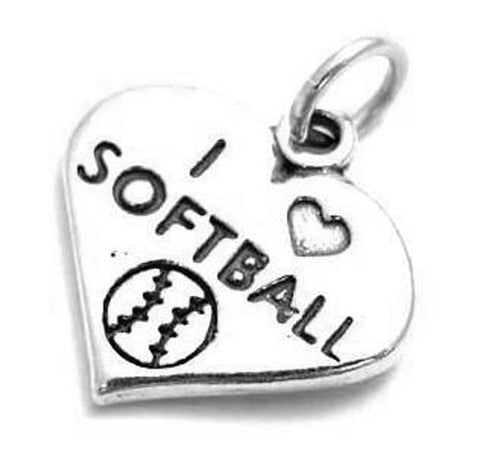 "I Love ❤ Softball" Heart Charm in Sterling Silver
