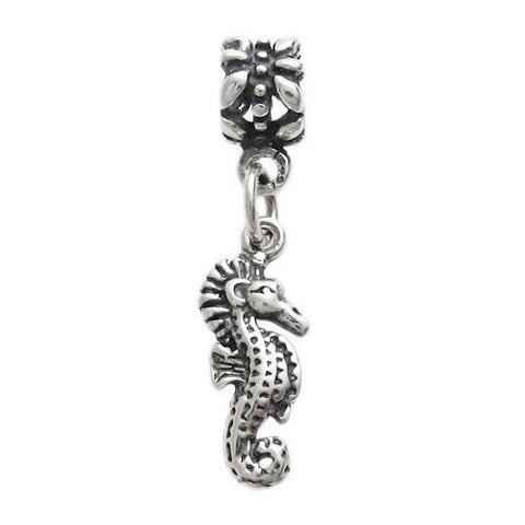 Seahorse Charm in 3D with Euro Bead. Sterling Silver