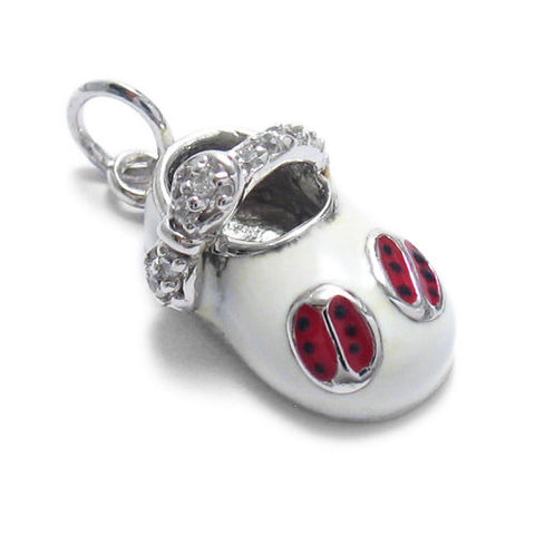 White Baby Shoe w/ Red Enamel Ladybug and CZ Buckle. Wholesale Sterling Silver Charms. Main photo.