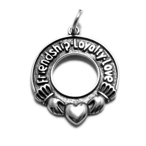 "Friendship-Loyalty-Love" in Claddagh Circle Charm. Sterling Silver
