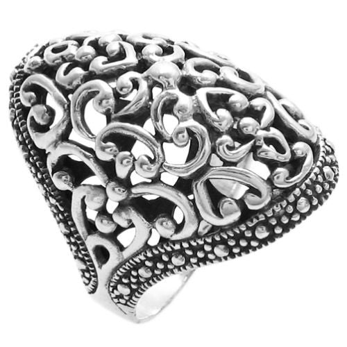 Aristocratic Rounded Filigree Long Ring with Beaded Border. Wholesale Sterling Silver Rings. Alternate photo.