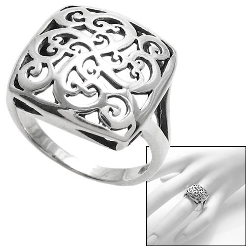 Beautiful scroll filigree in a square dome ring. Energy. Continuity. Wholesale Sterling Silver Rings. Main photo.