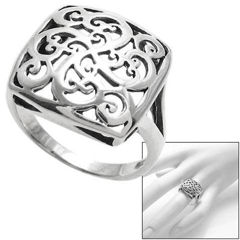Beautiful scroll filigree in a square dome ring. Energy. Continuity. Wholesale Sterling Silver Rings. Main photo.
