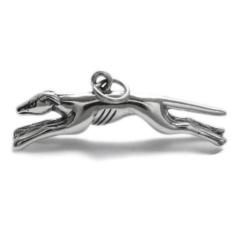 Greyhound in Graceful Leap Charm in 3D Sterling Silver.
