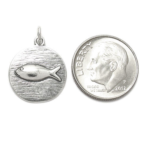 Small Fish on Round Plaque Charm in Sterling Silver.