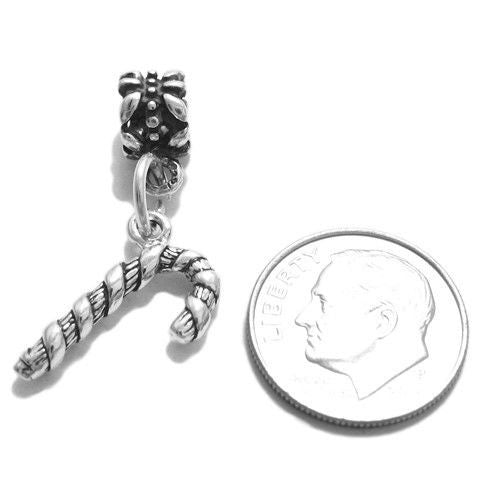 Candy Cane Charm with Euro Bead. Sterling Silver
