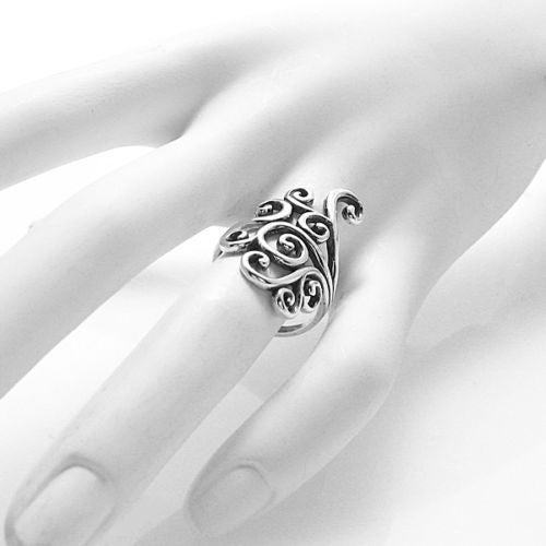 Exquisitely intricate ring in a beautifully complicated tribal art pattern. Wholesale Sterling Silver Rings. On hand.