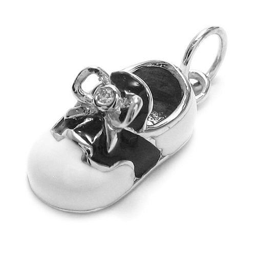 Black and White Enamel Baby Shoe w/ CZ Bow. Wholesale Sterling Silver Charms. Main photo.