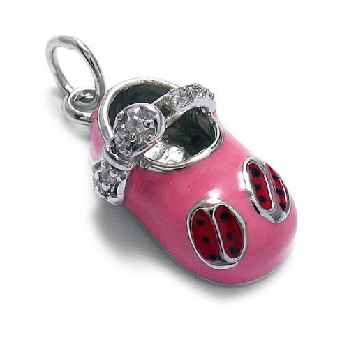 Pink Baby Shoes w/ Red Enamel Ladybug and CZ Buckle. Wholesale Sterling Silver Charms. Main photo.