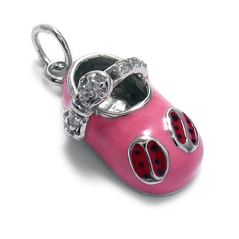 Pink Baby Shoes w/ Red Enamel Ladybug and CZ Buckle. Wholesale Sterling Silver Charms. Main photo.