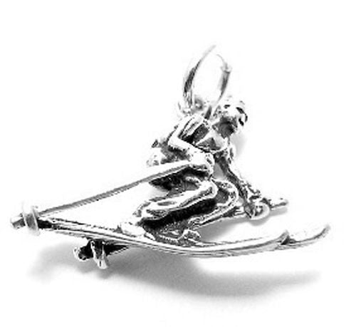 Skier Charm in 3D. Sterling Silver