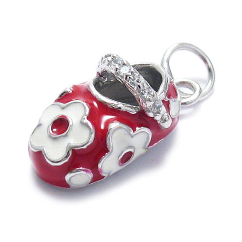 Red Enamel Baby Shoe w/ Daisies and CZ Strap. Wholesale Sterling Silver Charms. Main photo.
