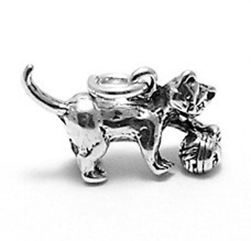 Cat Playing w/ Ball of Yarn Charm in 3D. Sterling Silver
