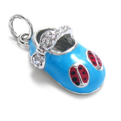 Blue Baby Shoes w/ Red Enamel Ladybug and CZ Buckle. Wholesale Sterling Silver Charms. Main photo.