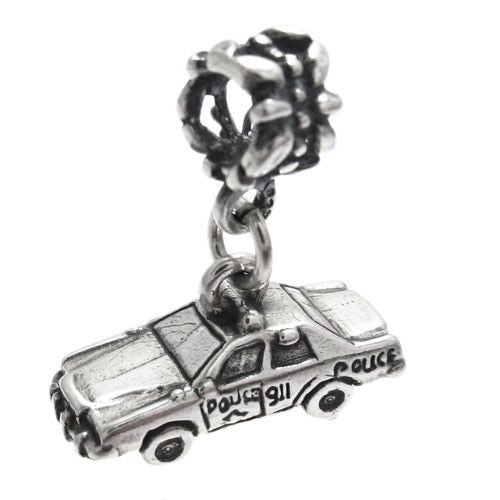 Police Squad Car Charm in 3D with Euro Bead. Sterling Silver