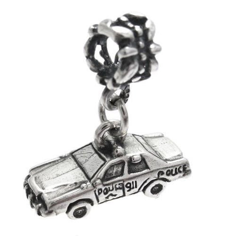 Police Squad Car Charm in 3D with Euro Bead. Sterling Silver