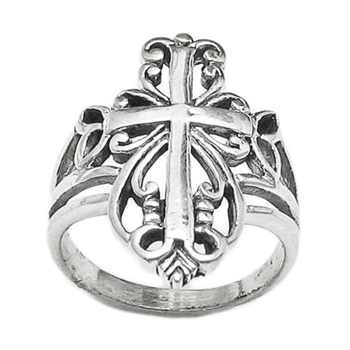 Classic ornately scrolled filigree cross ring in sterling silver. Wholesale Sterling Silver Rings. Main photo.