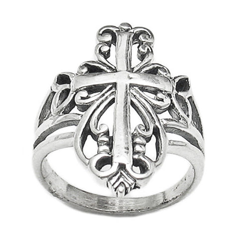 Classic ornately scrolled filigree cross ring in sterling silver. Wholesale Sterling Silver Rings. Main photo.