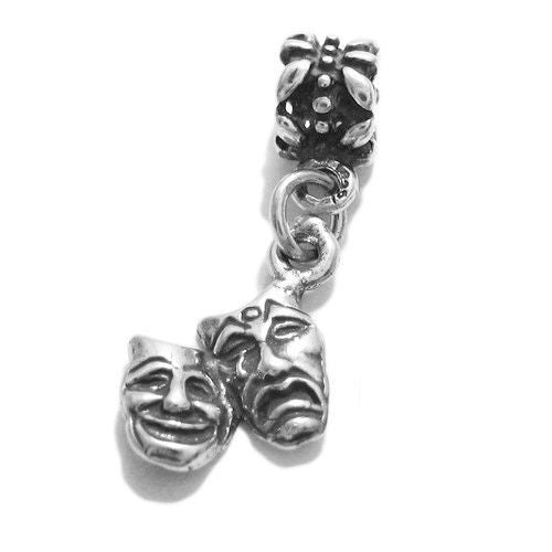 Comedy & Tragedy Theater Charm with Euro Bead. Sterling Silver