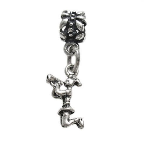 Cheerleader in Mid-Jump with Euro Bead. Charm in 3D Sterling Silver