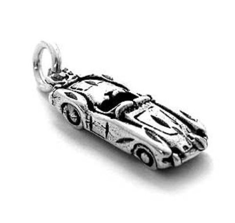 Retro Race Car Charm in 3D. Sterling Silver