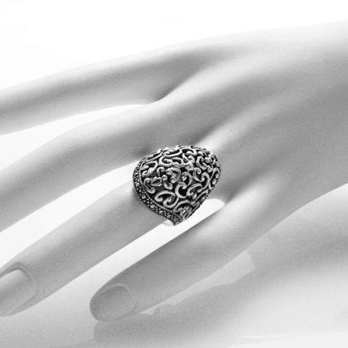 Aristocratic Rounded Filigree Long Ring with Beaded Border. Wholesale Sterling Silver Rings. On hand.