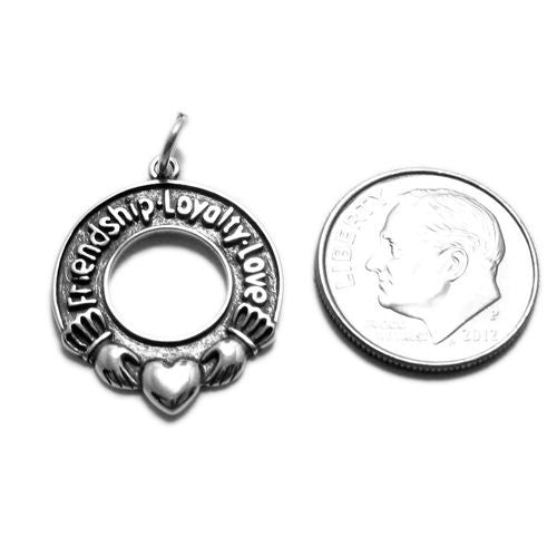 "Friendship-Loyalty-Love" in Claddagh Circle Charm. Sterling Silver