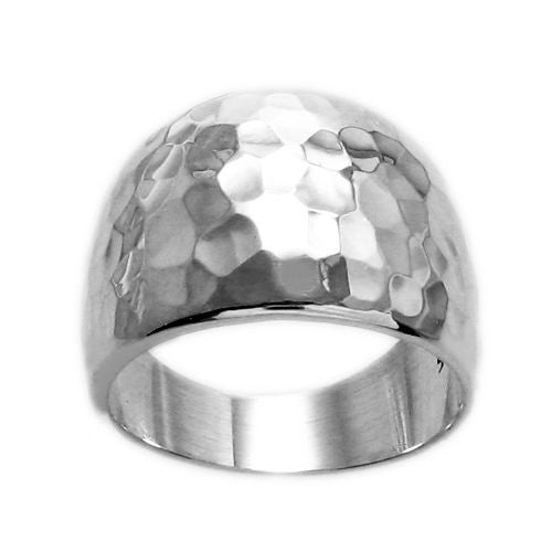 Brilliant hammered finish wide cigar band ring in sterling silver. Wholesale Sterling Silver Rings. Front view.