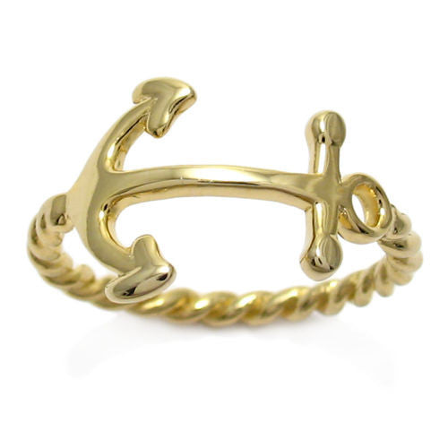 Charming anchor ring with a twisted rope band. 14K plated sterling silver. Wholesale Sterling Silver Rings.