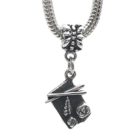 Sushi on a Dish with Chopsticks with Euro Bead. Charm in 3D Sterling Silver