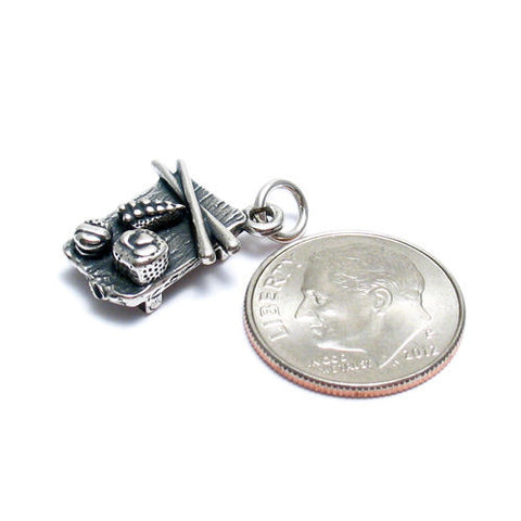 Sushi on a Dish with Chopsticks Charm in 3D. Sterling Silver