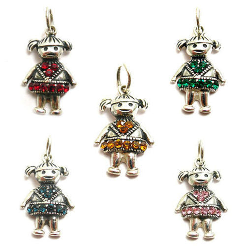 Colorful birthstone charms of a little girl in pigtails. Wholesale Sterling Silver Charms. Main photo.