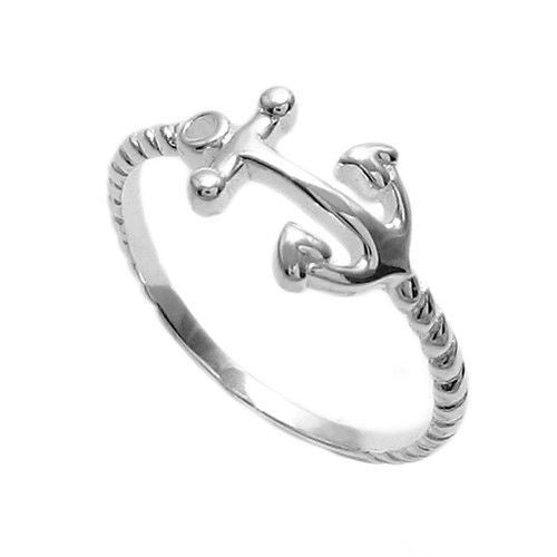 Shiny anchor on rope band, nautical theme ring. Wholesale sterling silver ring. Main photo.