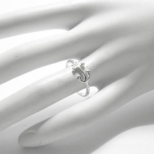 Shiny anchor on rope band, nautical theme ring. Wholesale sterling silver ring. On hand.