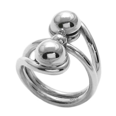 Two balls spinning in a whirlpool ladies' ring. Wholesale Sterling Silver Rings. Diagonal View.