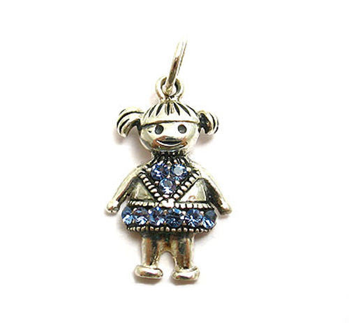 Colorful birthstone charms of a little girl in pigtails. Wholesale Sterling Silver Charms. March.