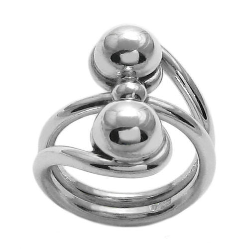 Two balls spinning in a whirlpool ladies' ring. Wholesale Sterling Silver Rings. Front View.