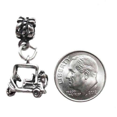 Golf Cart with Euro Bead. Charm in Sterling Silver