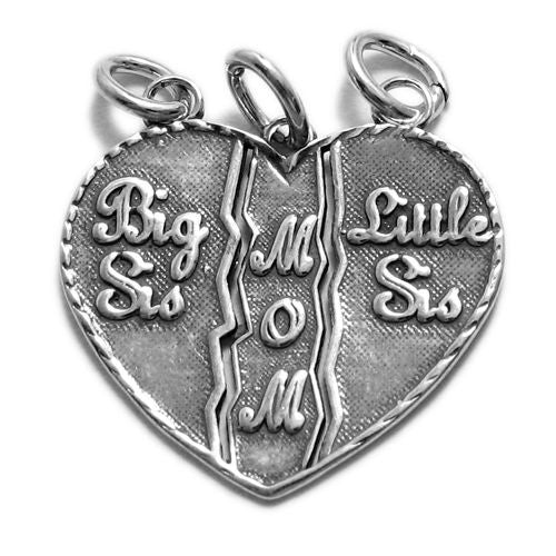 Large "Mom" - "Big Sis" - "Little Sis" Breakaway Heart Charm in Sterling Siver