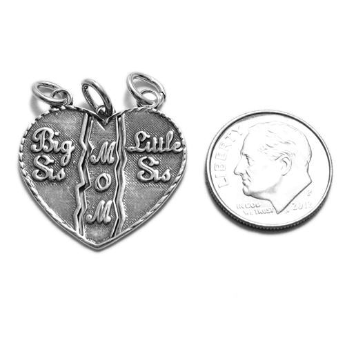 Large "Mom" - "Big Sis" - "Little Sis" Breakaway Heart Charm in Sterling Siver