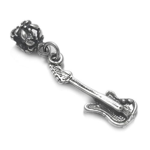 Electric Guitar Charm in 3D with Euro Bead. Sterling Silver