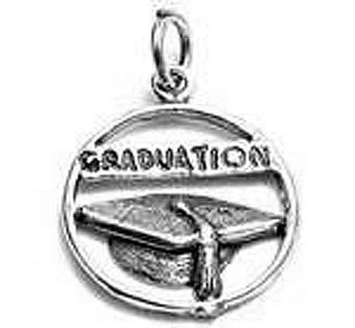 Graduation Cap in Circle Frame Charm. Sterling Silver