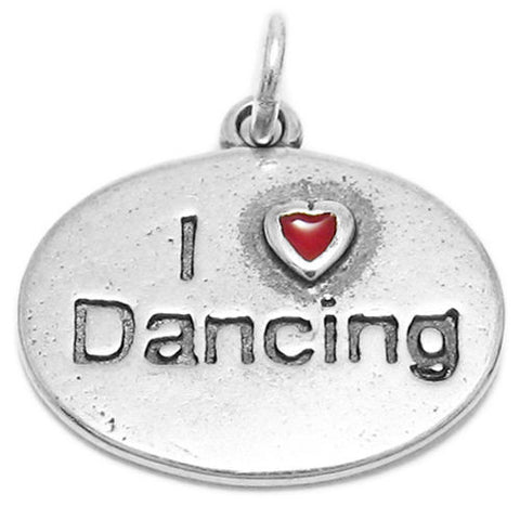 "I Love ❤ Dancing" with Red Heart in Oval Charm. Sterling Silver
