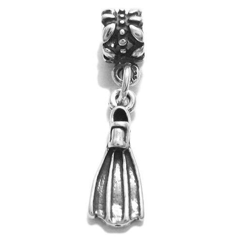 Swim Fin Charm in 3D with Euro Bead. Sterling Silver