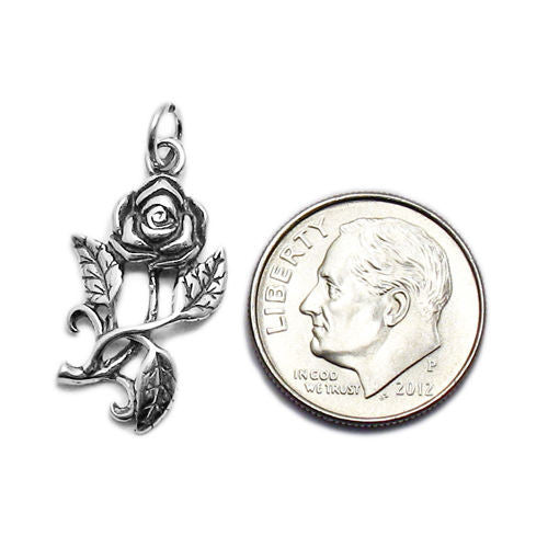 Rose with Leaves Charm. Sterling Silver