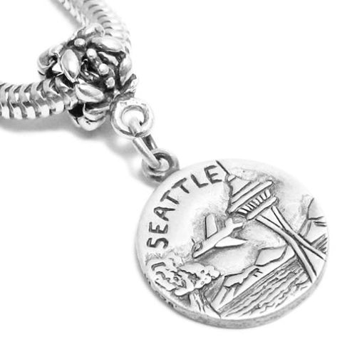 "Seattle" WA 2-Sided Charm with Euro Bead. Sterling Silver