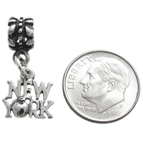 "New York" Big Apple Charm with Euro Bead. Sterling Silver