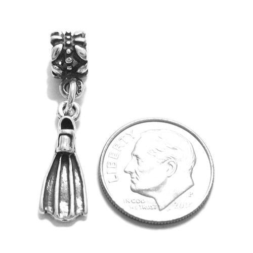 Swim Fin Charm in 3D with Euro Bead. Sterling Silver