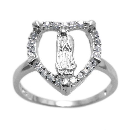 Our Lady in Heart Decorated with CZs Ring. Wholesale sterling silver rings. Front photo.