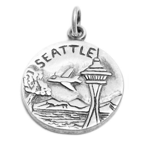 "Seattle" WA 2-Sided Charm with Euro Bead. Sterling Silver